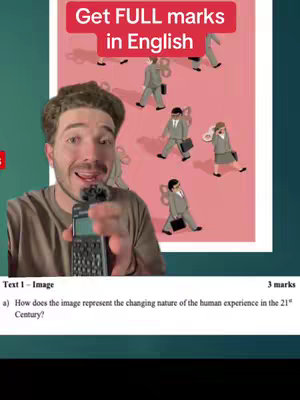 A man holding a device, centered in the frame, smiles at the camera. Above him, a red banner states, 'Get FULL marks in English.' Behind him, a surreal image features people as wind-up toys walking across a pink background. In the bottom left corner, the start of an exam question paper is visible. The image has a vibrant and somewhat artificial feel