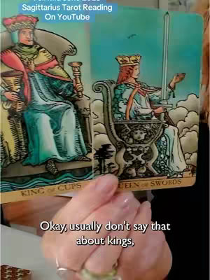 The image shows a person holding two tarot cards. The card on the left features a king holding a cup, and the card on the right displays a queen holding a sword. The text overlay in the images reads 'For Mid June 2025 Sagittarius Tarot Reading On Youtube and 'King of Cups' along with 'Queen of Swords'. Below the cards are the creator's hands and a caption overlay that reads, 'Okay, usually don't say that about kings'. The overall aesthetic is related to tarot reading.