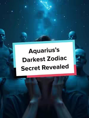 The image has a dark, cinematic quality, dominated by a deep blue color palette. In the central focus, a person's face is obscured, with their hands clasped in front of their mouth. Surrounding the central figure are several humanoid figures with pale, featureless faces. Above, a constellation illuminates the in the night sky. A text overlay across the center of the image reads, 'Aquarius's Darkest Zodiac Secret Revealed'.
