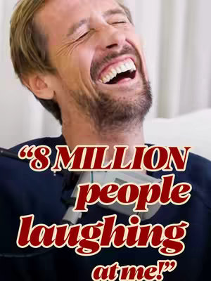 A man with blond hair is laughing and looking upward, his mouth wide open. Overlaid on the image is text that reads "8 MILLION people laughing at me!" in a stylized font.