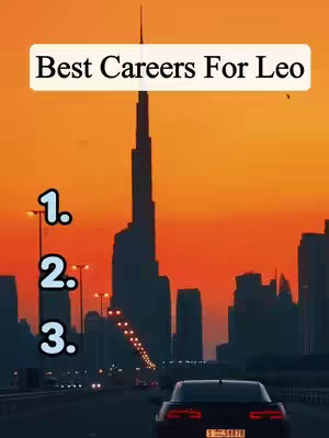 The cover image displays a cityscape during sunset, with an orange sky and silhouettes of buildings. The text overlay lists 'Best Careers For Leo' in a white box at the top. Numbers 1, 2, and 3 are listed in the bottom left of the image. A car is visible in the foreground.
