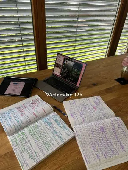 A top-down shot of a wooden desk with a laptop, a tablet, and multiple open notebooks with handwritten notes. The laptop screen displays an interface with green and pink elements, while the tablet shows a document in pink and black. The notebooks feature colorful annotations. The background includes a window with closed blinds and a glimpse of greenery.