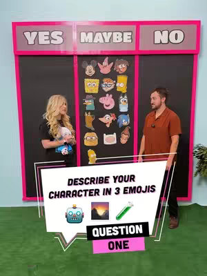 The image shows a game show type setup with two people, a woman and a man, flanking a board with character pictures and a graphic with emojis. Above the pictures it says 'Yes', 'Maybe', and 'No'. The woman on left has blonde hair and a black t-shirt and the man on the right is in an orange shirt.