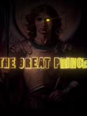 An image featuring a figure, presumably a depiction of the Archangel Michael, with a glowing text overlay. The character is shown from the waist up, with armor and a stern expression. The text overlay is done in a shining yellow font that reads "THE GREAT PRINCE."