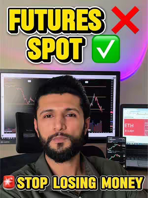 The image features a man in front of computer screens displaying financial charts. Text overlays include "FUTURES SPOT" with a checkmark and a red X, along with "STOP LOSING MONEY". The overall aesthetic is clean with a focus on conveying financial information and guidance and a direct, serious tone.