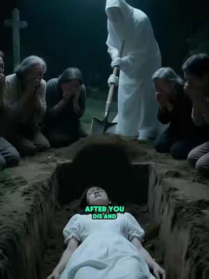 A haunting image of a burial scene. A woman in a white dress lies in a grave. Several figures in dark clothing kneel around the open grave, their faces buried in their hands, seemingly in mourning. A figure in a white hooded cloak stands near the grave, holding a shovel. The lighting is dim, with a cool color palette, enhancing the somber mood.