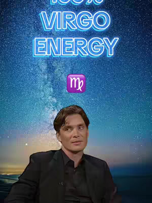 A cover image features a man in a black suit set against a cosmic background of stars. Overlaid at the top, neon blue text reads “100% VIRGO ENERGY,” and above the man’s head is the Virgo symbol in a purple box.