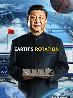 The image presents a man in a dark suit against a futuristic background. The man, who appears to be of East Asian descent, is holding a detailed architectural model. The background includes computer monitors displaying graphs and a large, metallic structure suggesting a scientific or technological environment. The words "EARTH'S ROTATION" are prominently displayed in a boxy font across the image. The overall composition evokes a sense of importance.
