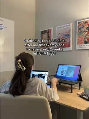 A person sits at a desk with multiple screens, apparently studying. The shot is taken from behind, showing the back of their head and shoulders. On the wall behind them are framed art prints. The lighting is soft and natural, creating a calm atmosphere.