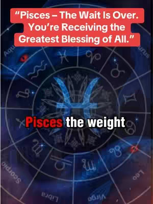 A visually complex cover image featuring a circular design with zodiac symbols surrounding a central Pisces symbol. Text overlays highlight the video's message concerning Pisces. The color scheme is predominantly blue and red.