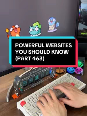 The cover image features animated Pokemon characters and text over a desktop setup. Three cartoon Pokemon characters of Charmander, Bulbasaur, and Squirtle are positioned at the top. Below them is a black rectangle with white text. A mechanical keyboard rests on a desk, with hands typing on it at the bottom.