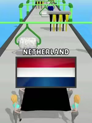 An animated image shows an assembly line with machinery, and a flag being processed. At the bottom, two women carry a black object.