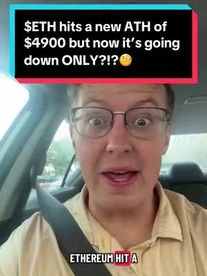A man with glasses is filming himself from inside a car. He is wearing a collared shirt. Text bubbles are overlaid on top of the image, featuring financial information.