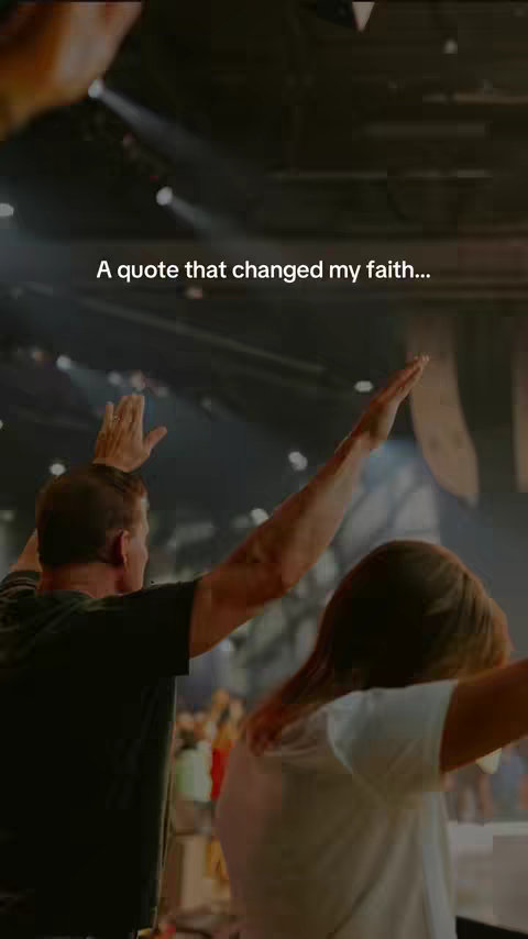 The cover image shows two people with arms raised, presumably in a place of worship. A man is in the foreground with a black t-shirt. Behind him is a woman with long hair wearing a white t-shirt. The text "A quote that changed my faith..." is overlaid at the bottom of the image.