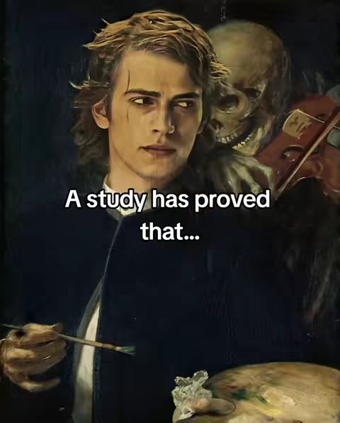The cover image is a digital artwork depicting a young man with long hair, holding a paintbrush and a palette. Behind him, a skeletal figure appears, holding a violin. Text overlayed reads: 'A study has proved that...'