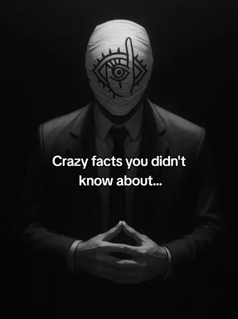 A black and white image of a person in a suit, with a white-bandaged head featuring a large eye graphic with a finger pointing up. The text 'Crazy facts you didn't know about...' is written in white at the bottom, centered.