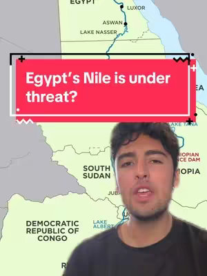 The image displays a man in front of a map of Africa with highlighted regions, overlaid with a red text box containing a question about the Nile River. The text overlay "Egypt's Nile is under threat?" is visually prominent. The man appears to be narrating. The overall composition combines educational elements with a personal touch.
