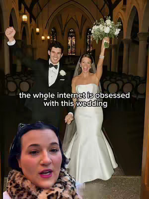 A woman with dark hair and a cheetah print scarf is in the foreground, in front of a couple who appear elated, celebrating in a church with a very ornate architectural backgroud. The text overlay reads: the whole internet is obsessed with this wedding.