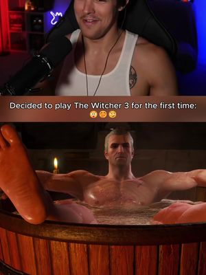 The cover image is split in two. The top half shows a man in a tank top smiling at the camera with a microphone to his left. The bottom half shows a scene from a video game: a man in a wooden tub with a lit candle beside him.