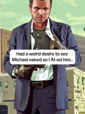 The image is a still from the video game Grand Theft Auto V, featuring a male character, Michael, in a dark blue suit with a white shirt. He is holding a gun and is looking directly at the viewer with a serious expression. A text overlay is present in a white rounded rectangle below the character.