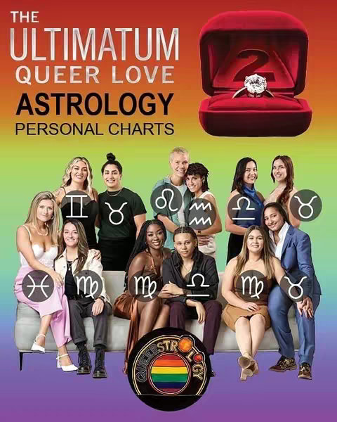 The cover image presents a combination of text and images. The central element is a collection of headshots of diverse individuals arranged on a white couch. Above, there's a red box that likely symbolizes a ring box, with a diamond ring inside. Colorful gradients that transition from red to yellow serve as a background. Overlaying those are various astrological signs and the text overlayed in the image.