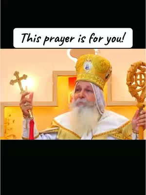 A vertical image features a man in religious garb, holding a cross and a staff. The man is in a bright space and wearing a decorated yellow hat. Above is a white rectangle with text.