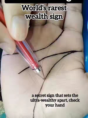 Close-up shot of a person's hand with palmistry lines drawn in black ink. A red pen is positioned at the space between the lines on the hand.