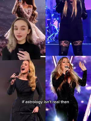 The image is a vertical grid of four panels. The top left panel shows a young woman with blonde hair, holding a phone and looking at the camera, with a background with the image of Ariana Grande. The top right panel features a woman in a black outfit close-up. Bottom left shows Adele singing. Bottom right shows Mariah Carey singing.