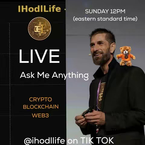 The cover image is split into two vertical sections. On the left, a black background displays the "IHodlLife" logo, a golden coin with a stylized "H" and "L" in the center. Below the logo, the word "LIVE" is in large white letters, with "Ask Me Anything" beneath. Further down, "CRYPTO", "BLOCKCHAIN", and "WEB3" are listed. The right side of the image features a man in a black jacket speaking into a microphone. He has a beard and is smiling. A small teddy bear with an orange shirt is perched on his shoulder. Text at the top right reads "SUNDAY 12PM (eastern standard time)". The bottom of the image displays "@ihodllife on TIK TOK".