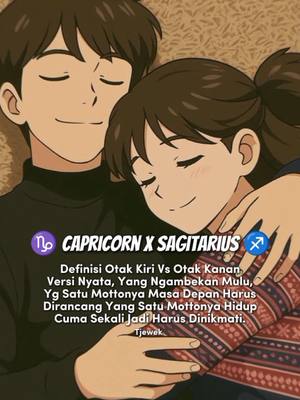 An animated image of a couple hugging, with text overlay in Indonesian. A cartoon man in a black turtleneck embraces a woman from behind, both with their eyes closed and smiling. Text in the image describes the zodiac sign Capricorn and Sagittarius.