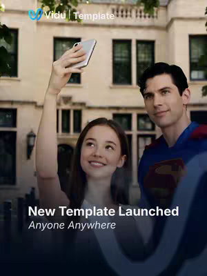 A cover image shows a woman taking a selfie indoors while standing next to a man in a Superman costume. The woman, in the foreground, is holding a phone up to take a picture, while the man is slightly behind and to her right, looking towards the camera. Behind them is a light-colored building with windows. The text overlay reads "New Template Launched" and "Anyone Anywhere".