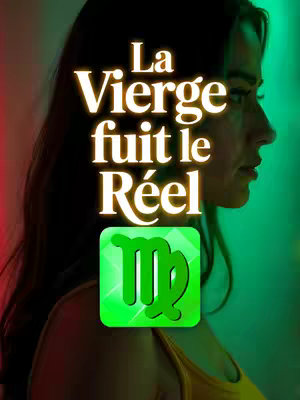 The cover image shows a woman from the side with partial view, with the text overlay "La Vierge fuit le Réel" (The Virgo flees reality). Below the text is a green square with a Virgo symbol. The woman is in profile, and the background gradient is composed of red and green.
