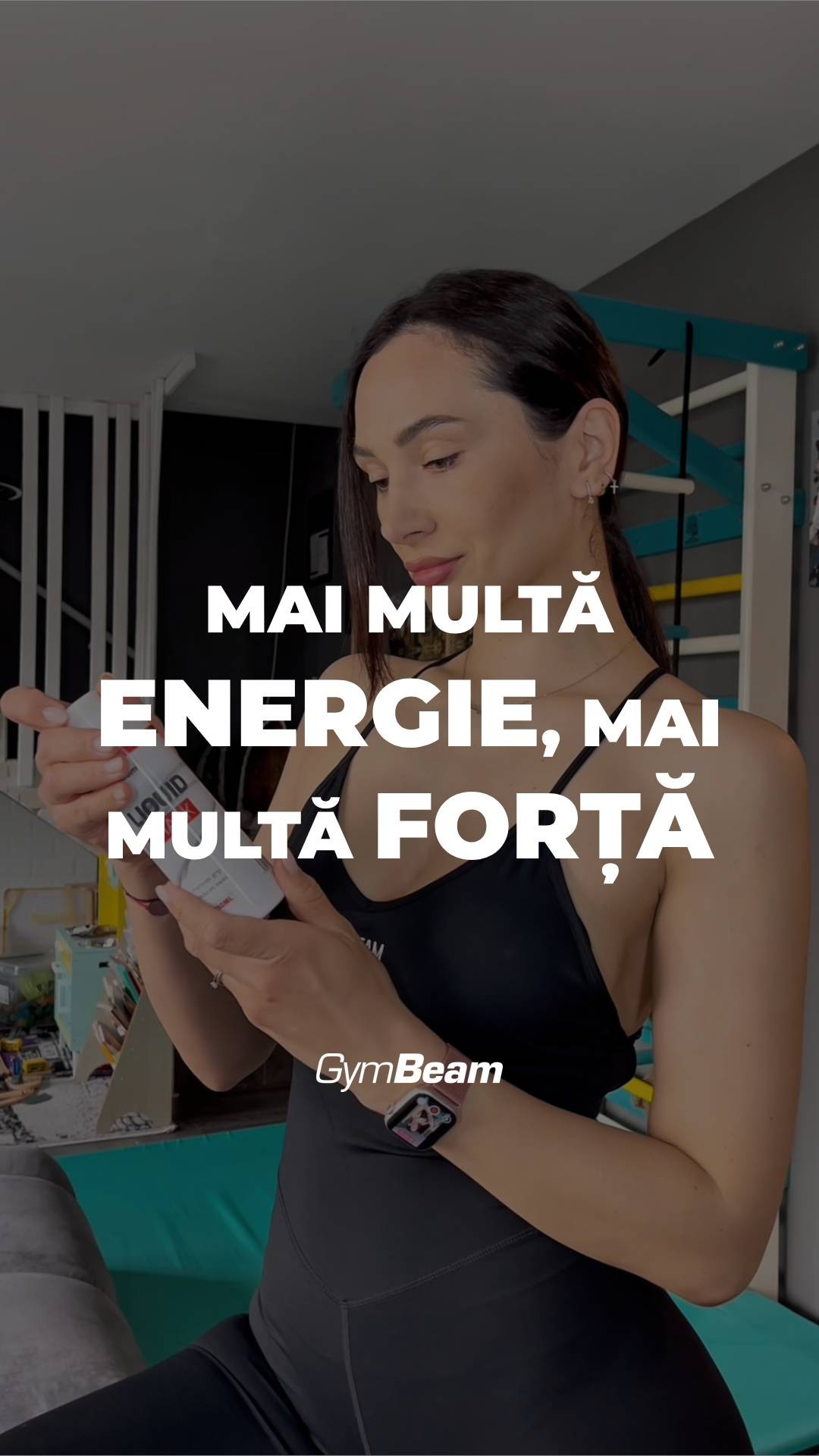 A vertical image features a woman in athletic wear holding a product. The background is a mix of interior elements. Overlaid text in a bold, white font emphasizes product benefits.