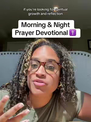 A woman with curly hair and glasses is centered in a video frame, likely indoors. She is looking towards the camera, speaking with an open mouth. The background includes a wall with a picture frame and a bed. The text overlay on the top half of the screen in a white box reads: 'if you're looking for spiritual growth and reflection'. Under that, there is a white box that says 'Morning & Night Prayer Devotional' with a purple cross icon.