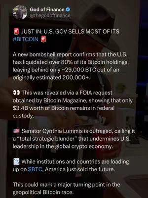 The image shows a news article about the US government selling most of its Bitcoin holdings. The image is dominated by text overlaid on a blurred background of a person seemingly at work, wearing a hat. The text includes the article title, a brief summary of the news, quotes, and hashtags.
