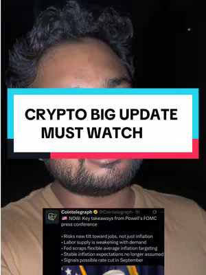A selfie-style video cover featuring a man with dark hair and a neutral expression filling most of the frame. Overlayed on top is a rectangular white box containing the text "CRYPTO BIG UPDATE MUST WATCH" in bold, uppercase letters. Below this, a screenshot of a news article about crypto from Cointelegraph, with the key takeaways from Powell's FOMC press conference as bullet points.