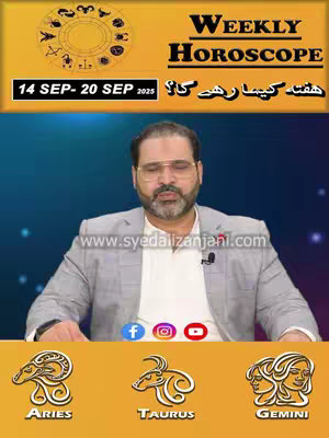 The cover image features a man in a blazer seated with a blurred blue background. Text overlays at the top indicate "WEEKLY HOROSCOPE" and a date range. The lower section has logos for Aries, Taurus, and Gemini. Social media icons are visible below the subject.