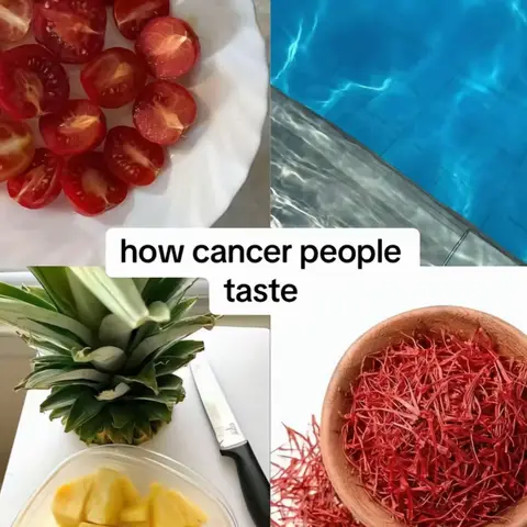 The cover image is a grid of four pictures. The top left shows halved cherry tomatoes on a white plate. The top right shows a swimming pool with blue water and the edge. The bottom left displays a pineapple with some sliced mangoes on a white surface. The bottom right reveals a bowl of saffron threads. The text overlayed on the image reads 'how cancer people taste'.