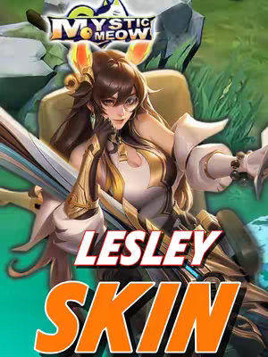 The cover image features a stylized illustration of a female character from the game Mobile Legends. She is depicted in a dynamic pose, with a weapon held in one hand and a confident expression. The character is dressed in ornate armor with a gold and white color scheme. A large text overlay reading 'LESLEY SKIN' is positioned in front, with a color scheme featuring an orange banner and white text. The background blends soft greens and blues suggesting a natural setting with rocks and foliage.