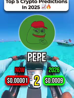 A first-person perspective of a jet ski on a clear blue ocean, with a cartoon frog character imposed on a large green circle. Text overlays provide financial predictions.