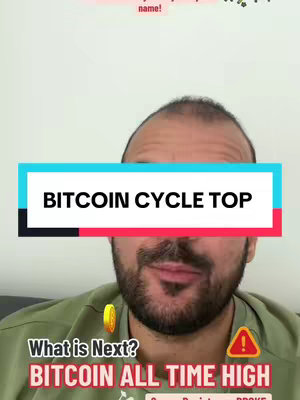 The cover image features a man in a green shirt against a white background. Overlaid on his face is a rectangular text box with "BITCOIN CYCLE TOP" in bold, white text on a light blue background. Below, at the bottom of his face, is a banner reading "What is Next?". The man's expression is friendly. Additional elements include a gold coin and an exclamation icon. The image is framed vertically, typical for a phone screen, and the colors are bright, drawing attention to the text.