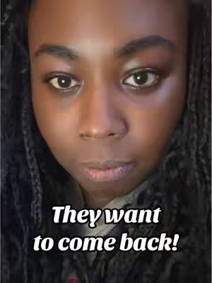 A close-up shot of a Black woman's face. She has dark skin, dark eyes, and dark, braided hair framing her face. The background is out of focus. Overlayed on the image is white text.