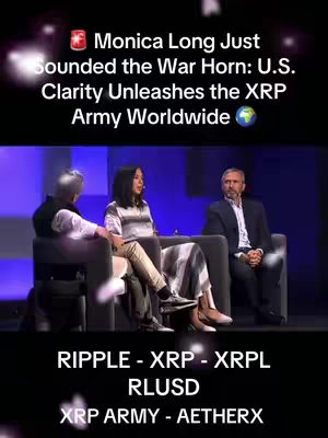 The cover image shows a group of three people on a stage, likely at a conference or event. The person in the center is a woman, and she is the focus. Text overlays highlight her name and a call to action about the XRP community.