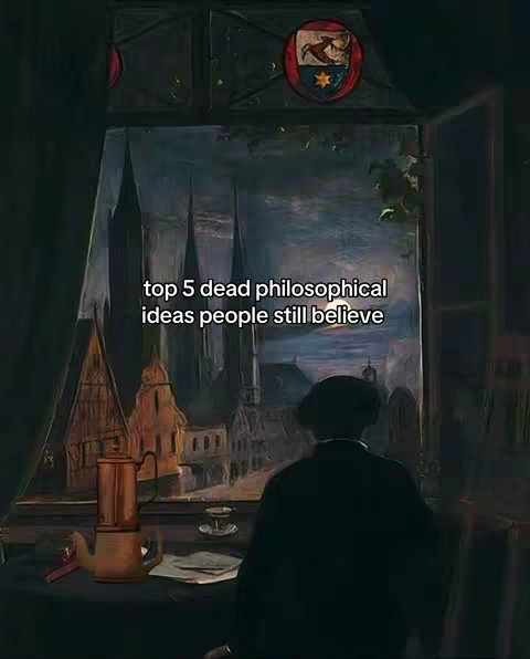 An artistic, subdued image of a man in silhouette looking out a large window. The window frames a cityscape with tall spired buildings and a sky view. A table in front of him holds a coffee pot and papers. A text overlay states the video will be about five philosophical ideas that people still believe in.