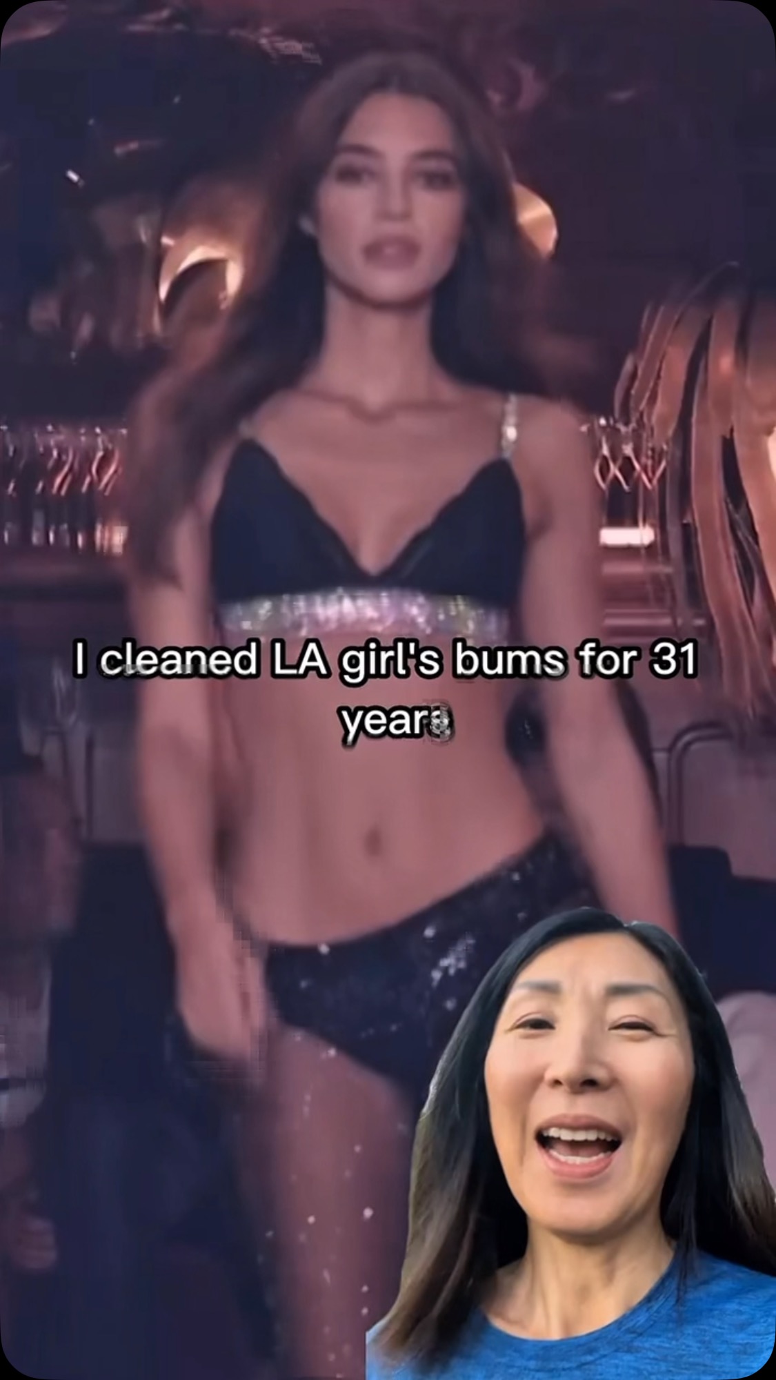 The cover image features a woman in a dark, shimmering outfit, dancing in what appears to be a nightclub setting. Overlayed in white text are the words: "I cleaned LA girl's bums for 31 years." In the lower right corner, there's a selfie-style video of a smiling Asian woman.