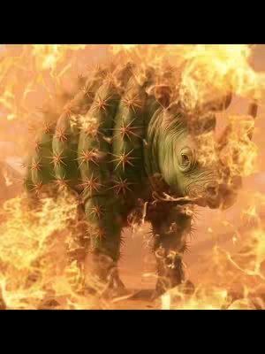 An image depicts a rhino-like creature encased in flames, with a cactus-like body covered in thorny spines. The creature is set against a backdrop that suggests a desert or arid environment, also engulfed in fire. The overall effect is a surreal and somewhat menacing visual.