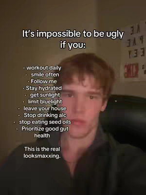 A young man, with light skin and short brown hair, is centered in the frame with a list of bullet points in white text overlaid on the image. The background is slightly out of focus.