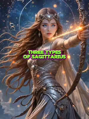 A digital illustration featuring a woman, possibly a representation of Sagittarius, holding a bow and arrow. She has long, flowing auburn hair, a jeweled headpiece, and is dressed in a detailed silver and cream-colored outfit. The background has a cosmic theme with stars, nebulas, and zodiac symbols. Overlaying the image is a text overlay in green highlighting "THREE TYPES OF SAGITTARIUS".