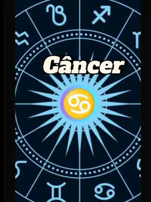 The image shows a zodiac wheel design in a dark blue background. The word "Câncer" (Cancer in Portuguese) is overlaid in a thick, white, sans-serif font. In the center of the wheel is a light blue and yellow circle containing the Cancer symbol (♋). The overall composition is symmetrical and centered.