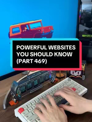 The cover image features a desk setup with a mechanical keyboard and what appears to be a computer display in the background, and a stylized vehicle. Overlaid in a black rectangular box is the text "POWERFUL WEBSITES YOU SHOULD KNOW (PART 469)".